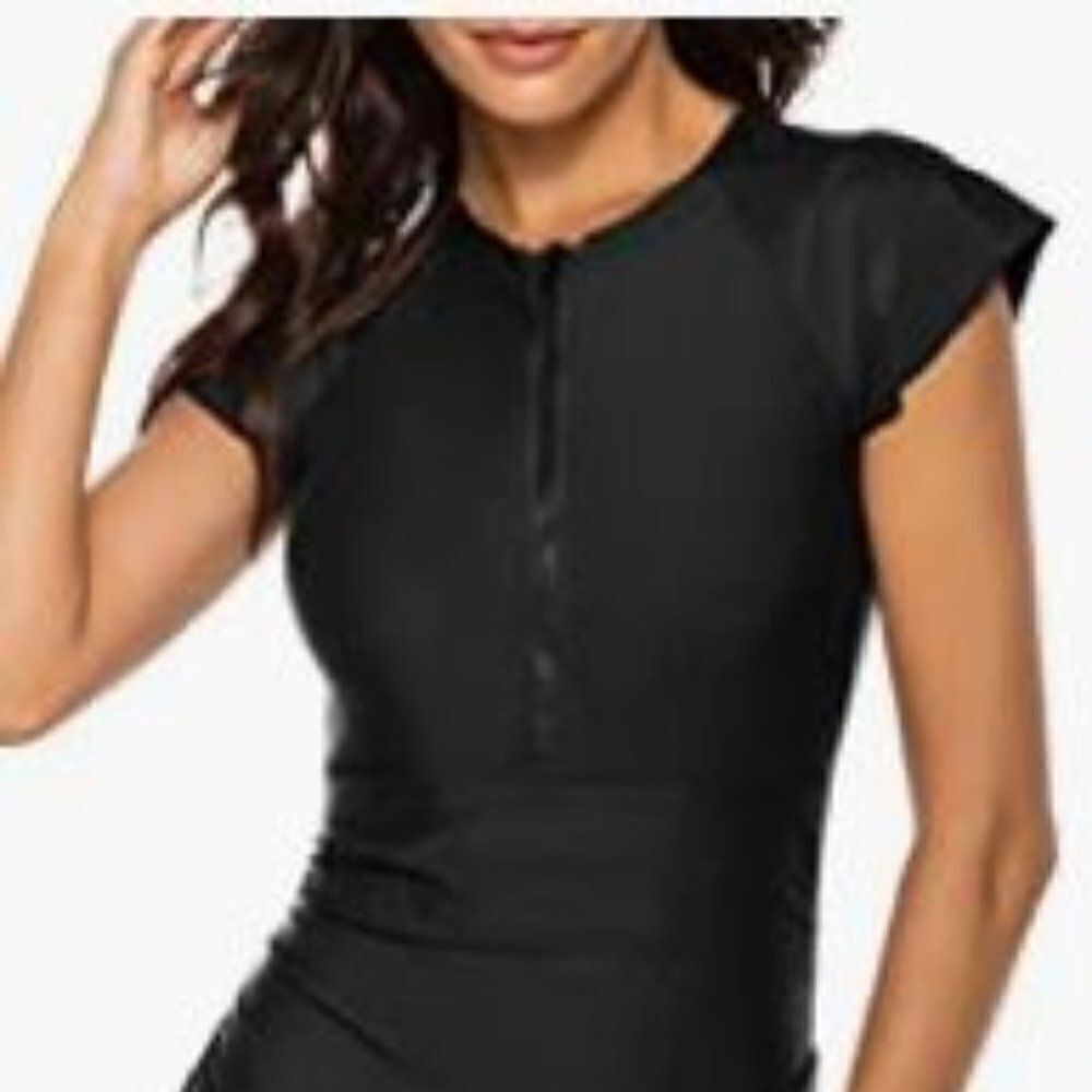 Women Modest 1 Piece Bathing Suit Short Sleeve Tummy Control with Zipper